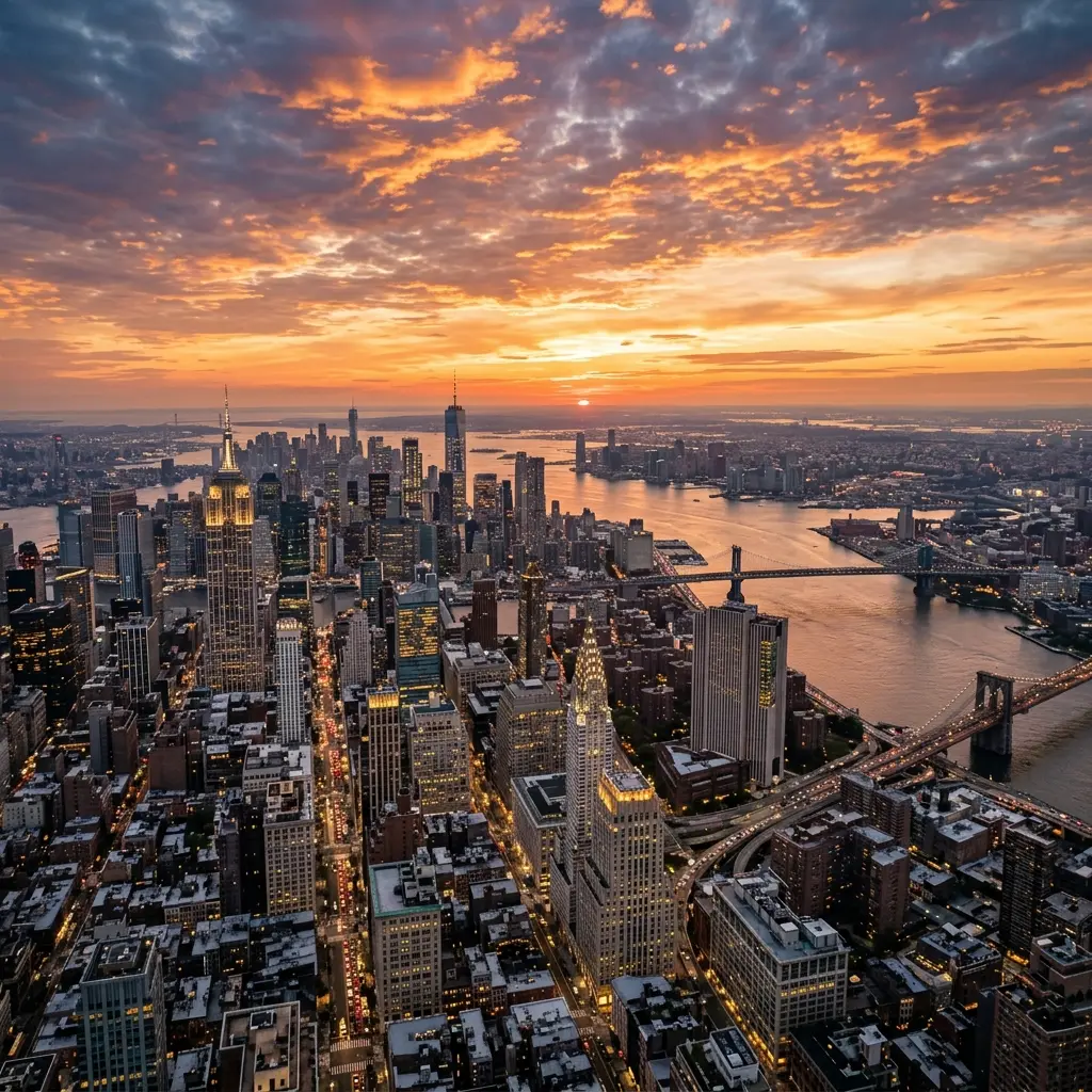 City skyline at sunset